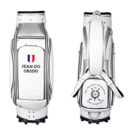 Sac de golf / sac de golf tour staff en blanc. Personnalisé sur 2 zones. Conception en ligne. Design futuristique